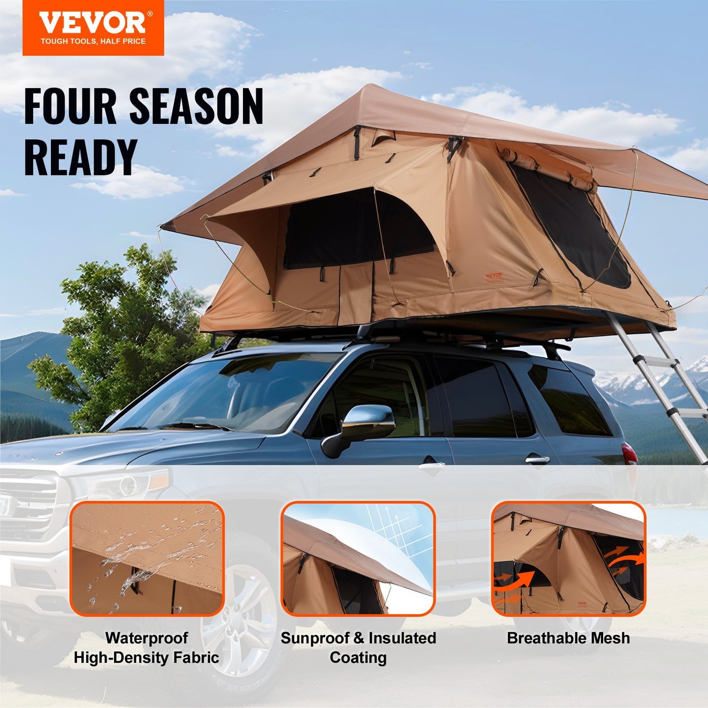 VEVOR Hard Shell Rooftop Tent for 2-3 People - Waterproof Outdoor Tent for Jeep, SUV & Truck with Telescoping Ladder - Comfortable & Durable Camping Solution