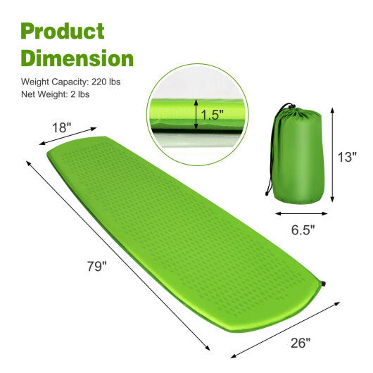 Inflatable Sleeping Pad with Carrying Bag - Green, 79" x 26", Self-Inflating, Waterproof, Lightweight, Durable Nylon for Camping, Travel & Outdoor Adventures