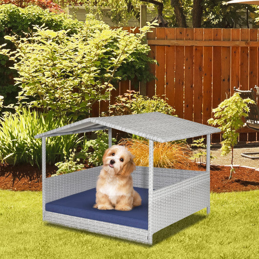 Wicker Dog House with Waterproof Roof & Washable Cushion Cover - Navy, Indoor/Outdoor Pet Shelter, Comfortable Rattan Design for Dogs Up to 165 lbs, Easy to Clean and Weatherproof