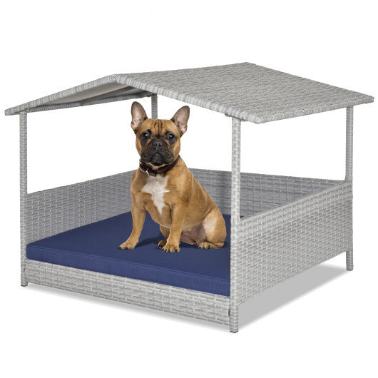 Wicker Dog House with Waterproof Roof & Washable Cushion Cover - Navy, Indoor/Outdoor Pet Shelter, Comfortable Rattan Design for Dogs Up to 165 lbs, Easy to Clean and Weatherproof