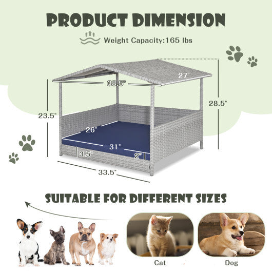 Wicker Dog House with Waterproof Roof & Washable Cushion Cover - Navy, Indoor/Outdoor Pet Shelter, Comfortable Rattan Design for Dogs Up to 165 lbs, Easy to Clean and Weatherproof