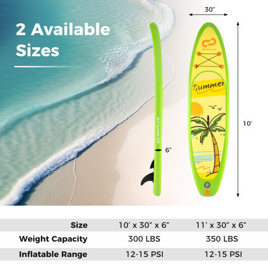Inflatable Stand Up Paddle Board iSUP - 10' Green & Yellow with 3 Fins, Drop Stitch Core, 300 lbs Capacity, Perfect for Beginners & Adventurers - S Size