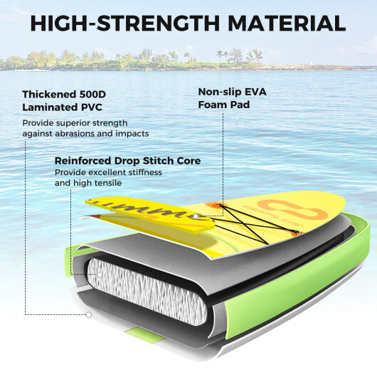Inflatable Stand Up Paddle Board iSUP - 10' Green & Yellow with 3 Fins, Drop Stitch Core, 300 lbs Capacity, Perfect for Beginners & Adventurers - S Size