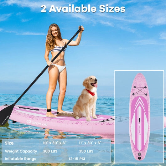 Inflatable Stand Up Paddle Board iSUP - Pink & White, 10' x 30", 300 lbs Capacity, Includes 3 Fins, Adjustable Paddle, Hand Pump & Backpack - Perfect for Water Adventures!