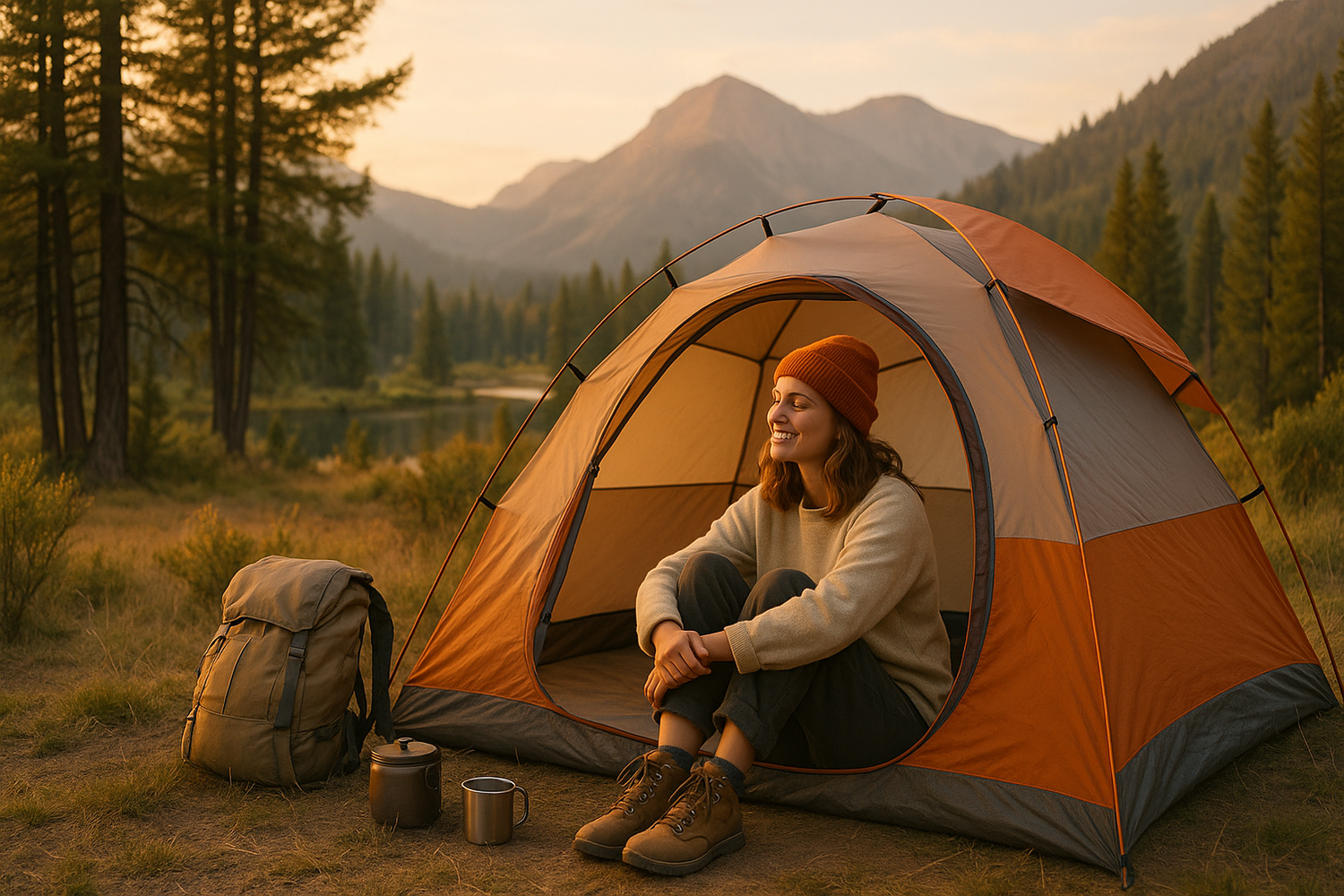 woman camping in tent