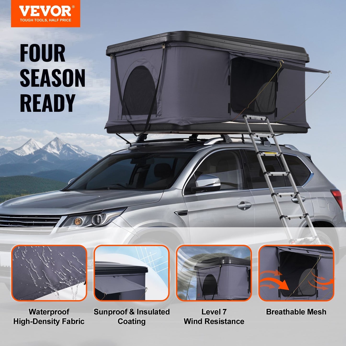 VEVOR Hard Shell Rooftop Tent for 2-3 Person | Waterproof for Jeep SUV Truck | Durable & Comfortable with Telescoping Ladder & Breathable Mesh Window