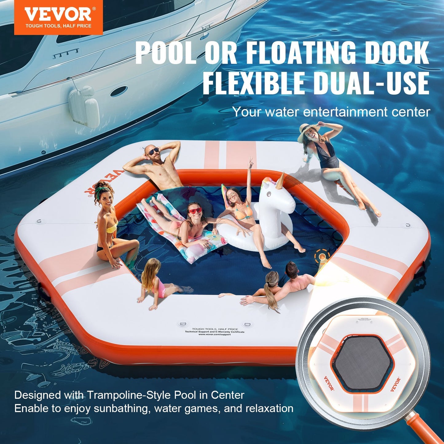 VEVOR Inflatable Floating Dock ø8.5FT with ø5FT Trampoline Mesh Pool - Non-Slip Water Mat, Portable Bag & Detachable Ladder for Ultimate Beach Relaxation, Easy Setup!