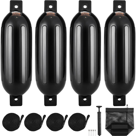 VEVOR Boat Fenders 5.5" x 20" - Inflatable Ribbed Dock Bumpers with Air Pump, 4 Ropes, Needles & Storage Bag - Durable Marine Fender for Hull Protection - Black, Set of 4