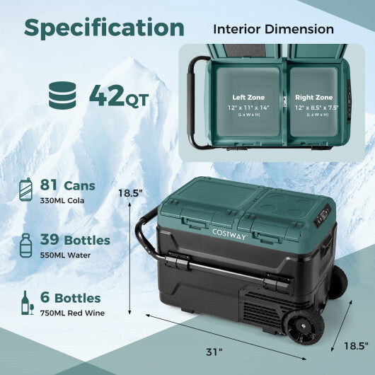 Dual Zone 12V 42QT Car Refrigerator - Portable Cooling for Vehicles, Camping, RVs & Boats - Adjustable Temp from -4℉ to 68℉ - Black/Green Color Options