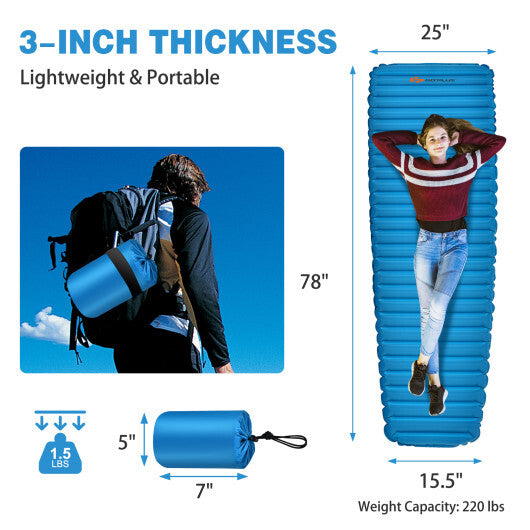 3 Inch Thick Inflatable Waterproof Camping Sleeping Pad - Blue | Lightweight, Durable, Easy Inflate & Carry | Ideal for Camping, Hiking, Picnics & Road Trips - 100kg Capacity