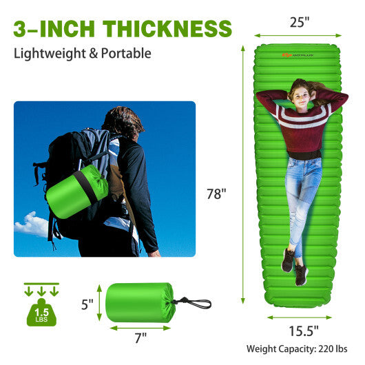 3 Inch Thick Inflatable Waterproof Camping Sleeping Pad - Blue | Lightweight, Durable, Easy Inflate & Carry | Ideal for Camping, Hiking, Picnics & Road Trips - 100kg Capacity