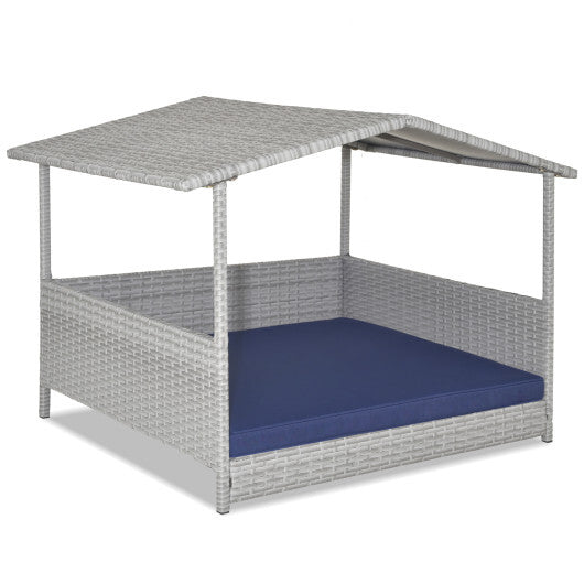Wicker Dog House with Waterproof Roof & Washable Cushion Cover - Navy, Indoor/Outdoor Pet Shelter, Comfortable Rattan Design for Dogs Up to 165 lbs, Easy to Clean and Weatherproof