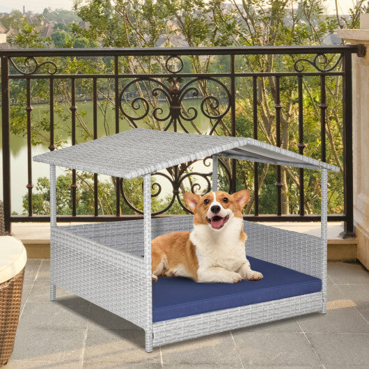 Wicker Dog House with Waterproof Roof & Washable Cushion Cover - Navy, Indoor/Outdoor Pet Shelter, Comfortable Rattan Design for Dogs Up to 165 lbs, Easy to Clean and Weatherproof
