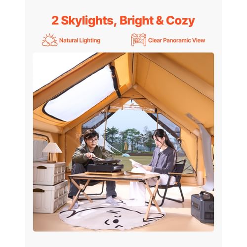 Inflatable Tents for Camping, 5-8 Person Easy Setup Blow up Tent with Hand Pump, Luxury Glamping Tent with 2 Skylights, Canopy, Stove Jack 2 Doors & Mesh Windows (Storage Bag Included)