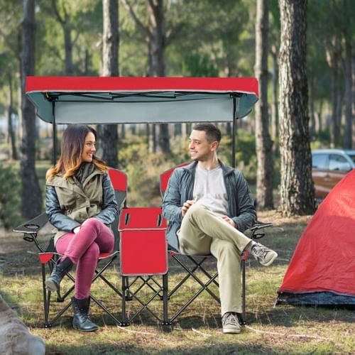 Double Folding Chair with Adjustable Canopy & Cooler Bag