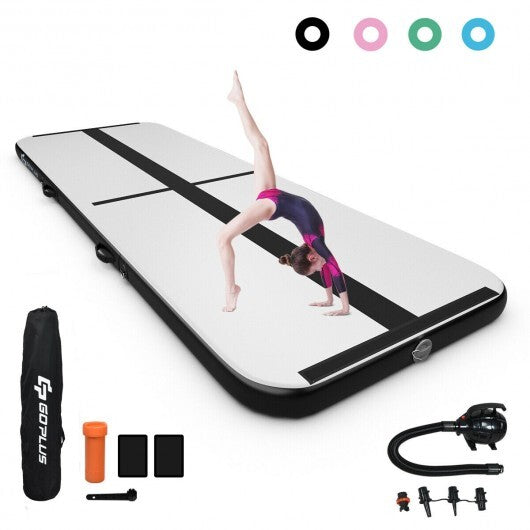 10 Feet Inflatable Gymnastics Tumbling Mat with Pump - Black PVC Fitness Mat for Home & Backyard Training, Portable, 4" Thick, Includes Electric Pump & Repair Kit