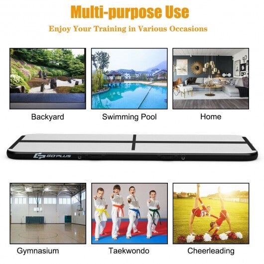 10 Feet Inflatable Gymnastics Tumbling Mat with Pump - Black PVC Fitness Mat for Home & Backyard Training, Portable, 4" Thick, Includes Electric Pump & Repair Kit