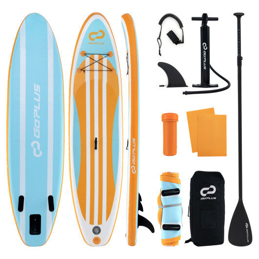 Inflatable Stand Up Paddle Board - Adjustable Paddle, 3 Fins, Blue & Yellow, 11' x 30", 350 lbs Capacity, Perfect for Adults & Youths - Durable Drop Stitch Core, Anti-Slip EVA Pad