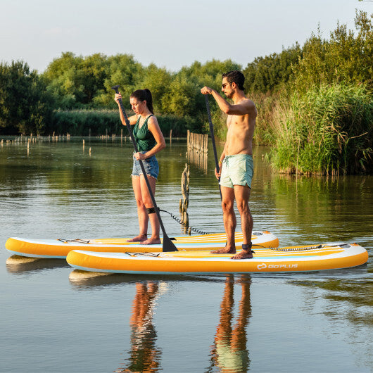 Inflatable Stand Up Paddle Board - Adjustable Paddle, 3 Fins, Blue & Yellow, 11' x 30", 350 lbs Capacity, Perfect for Adults & Youths - Durable Drop Stitch Core, Anti-Slip EVA Pad