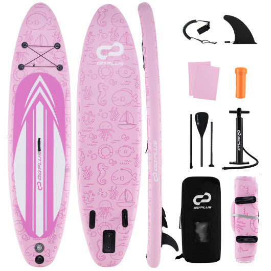 Inflatable Stand Up Paddle Board iSUP - Pink & White, 10' x 30", 300 lbs Capacity, Includes 3 Fins, Adjustable Paddle, Hand Pump & Backpack - Perfect for Water Adventures!