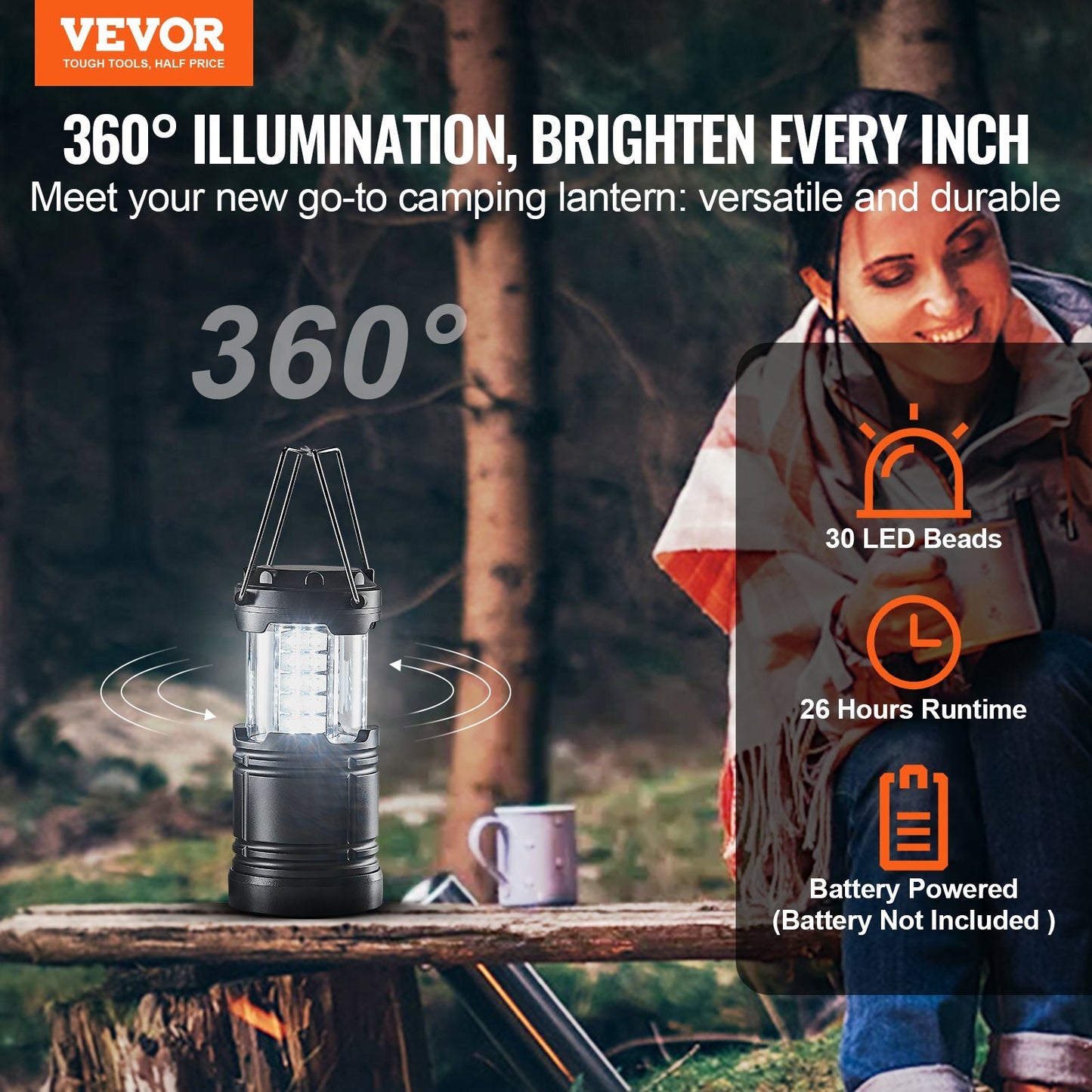 VEVOR LED Camping Lanterns Set of 4 - Collapsible, Battery Powered, Portable Lights for Outdoor Adventures - 360° Illumination, Durable & Convenient Design